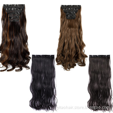 wholesale Clip in Hair Extensions brown Black Synthetic Hairpiece 20 Inch Long Wavy Curly Head Silky Soft Weft for Women